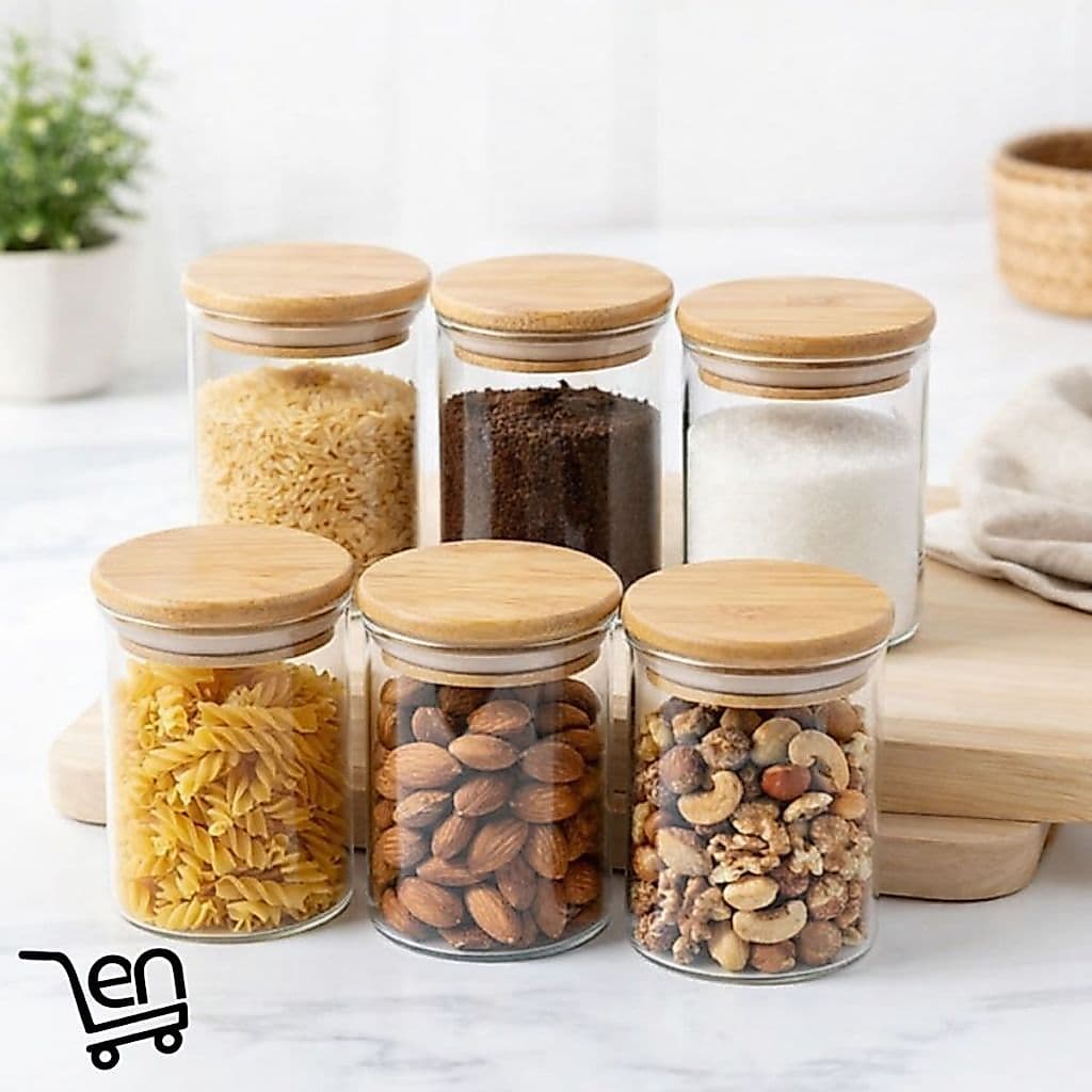 Kit 6 Pote Para Tempero 300ml Vidro Hermético Tampa Bambu Alta Vedação Mantimentos