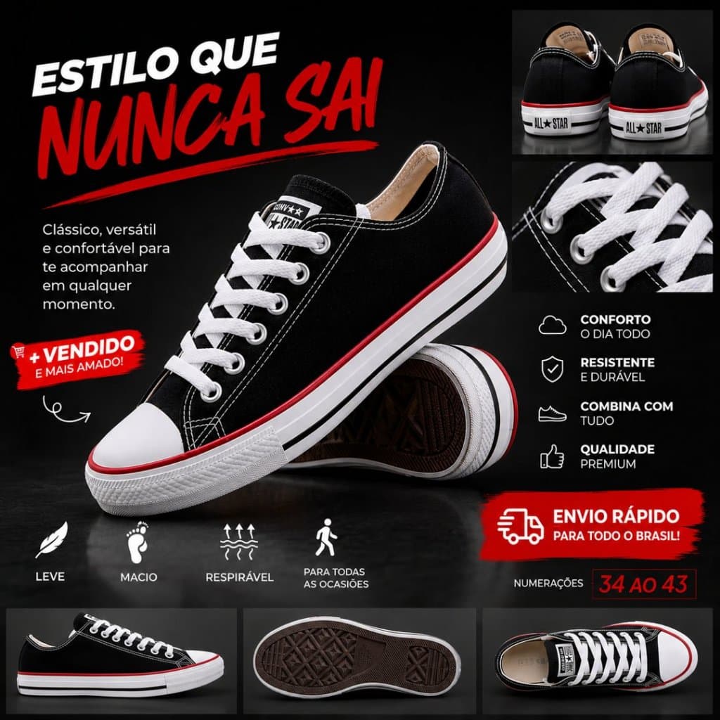 Tênis ALL Cano Baixo Feminino E Masculino Preto Branco Casual Confortável Star World | Shopee Brasil