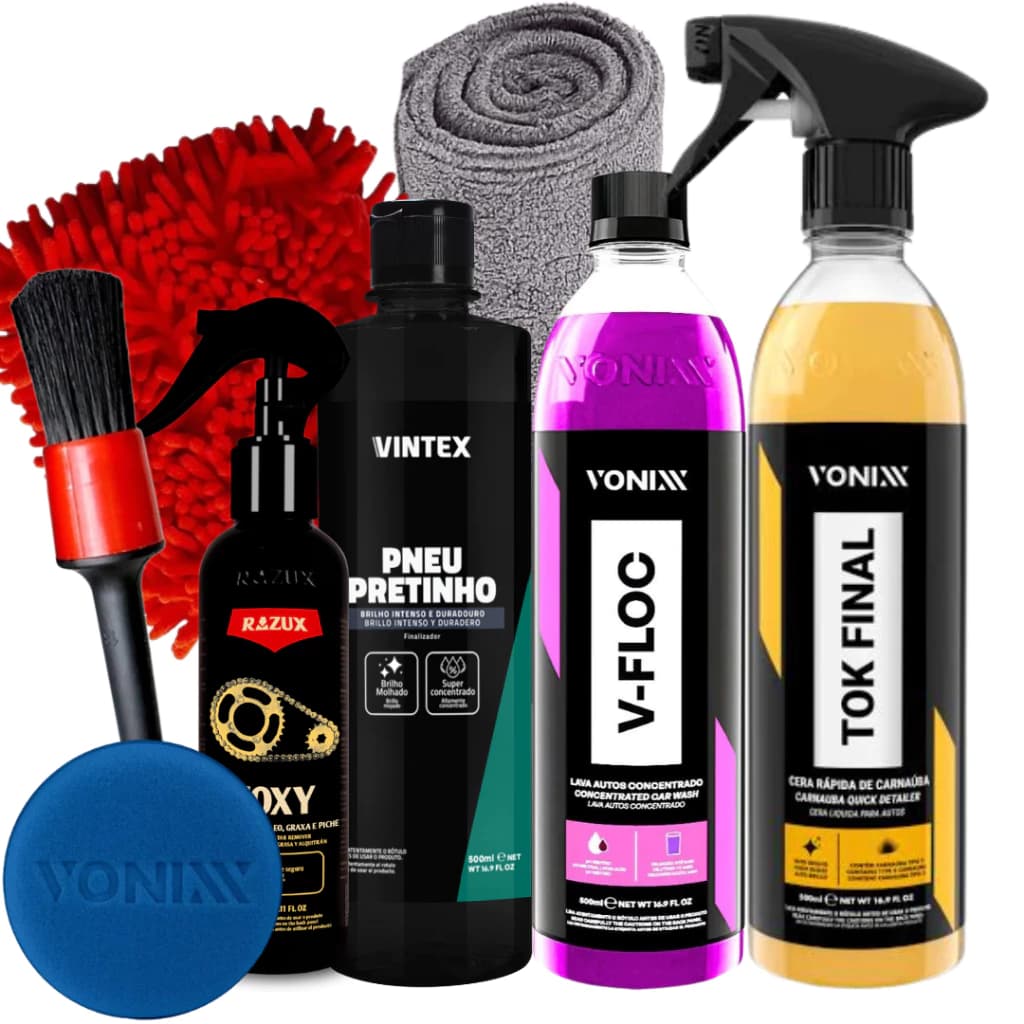 Kit Produto para Lavar Moto Cera Shampoo Desengraxante Pretinho Limpador de Corrente Vonixx